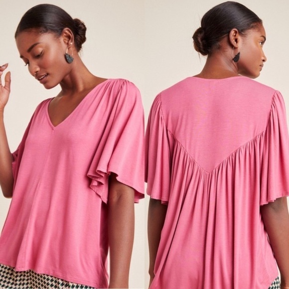 Anthropologie Bordeaux Pink V-Neck Short Flutter Sleeve Sidonie Top - Picture 6 of 6